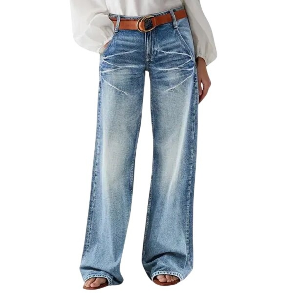 Flamingal Womens Belt Wash Wide Leg Jeans Blue Denim Size M (29-30)